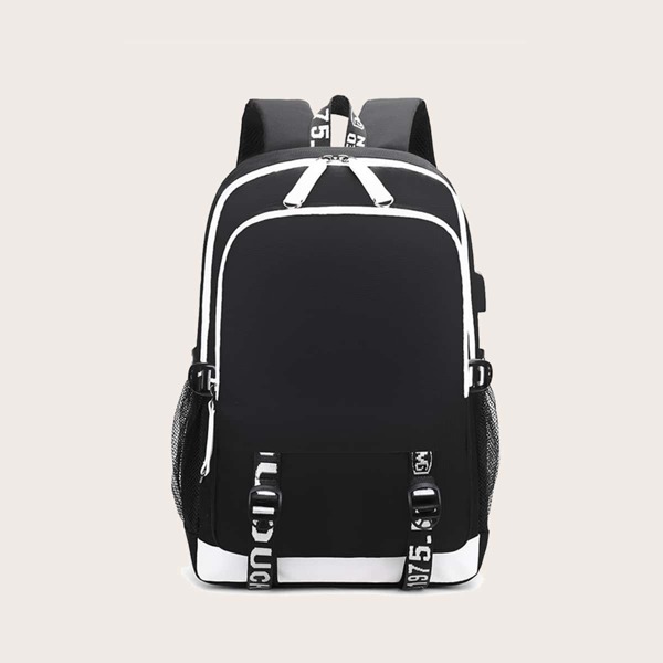 Men Buckle Strap Decor Large Capacity Backpack, Black