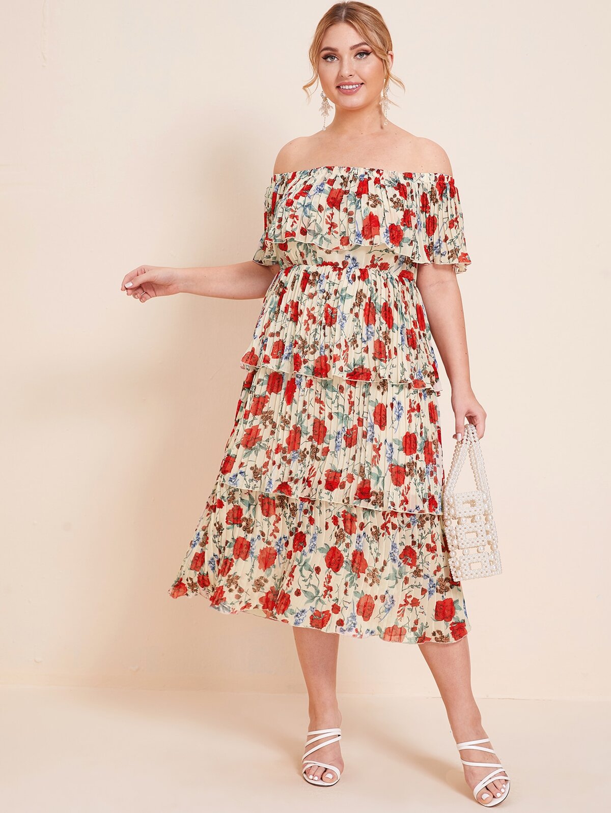 Plus Flounce Off Shoulder Layered Pleated Dress