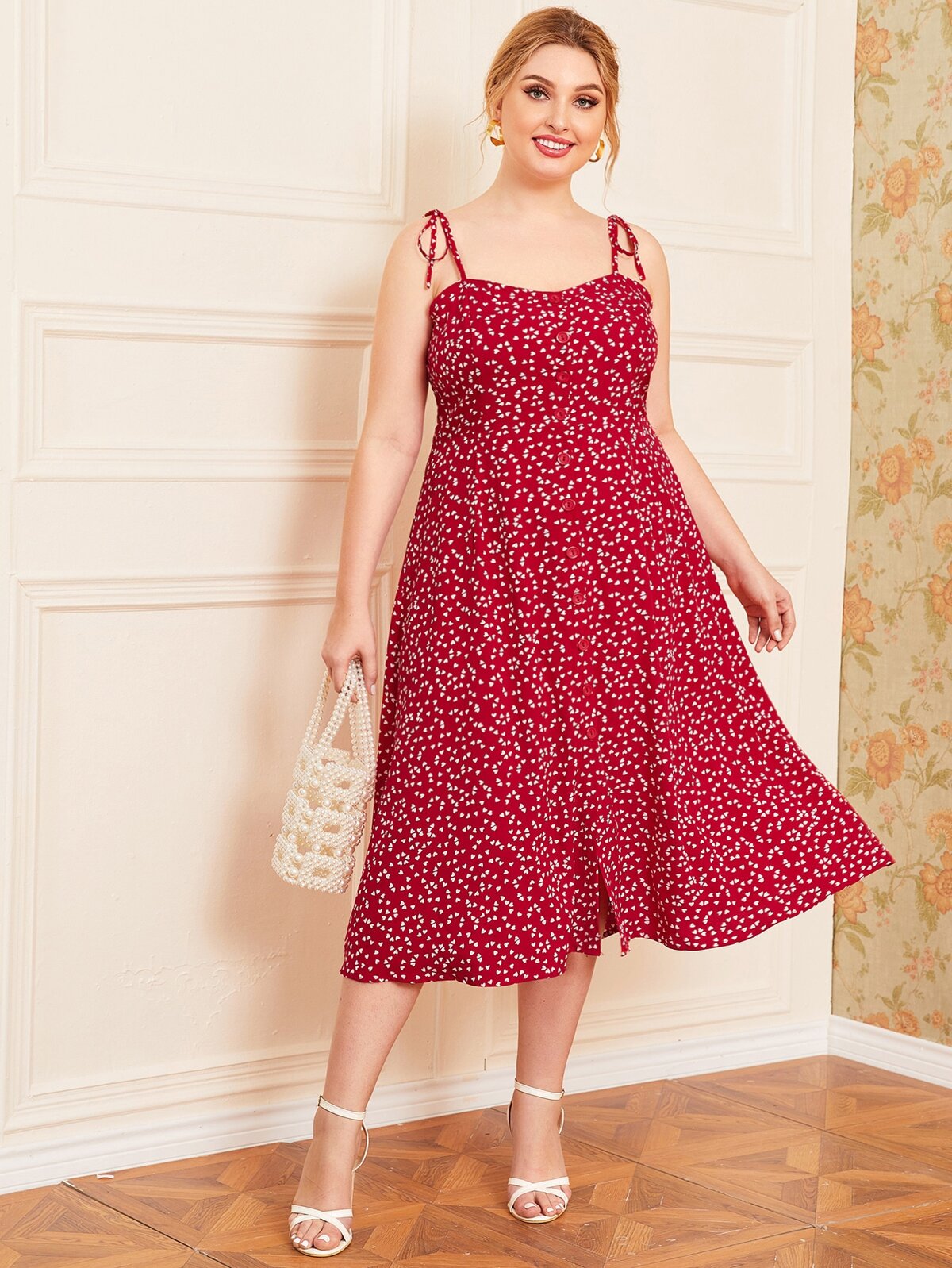 Plus Knot Strap Allover Heart Print Cami Dress