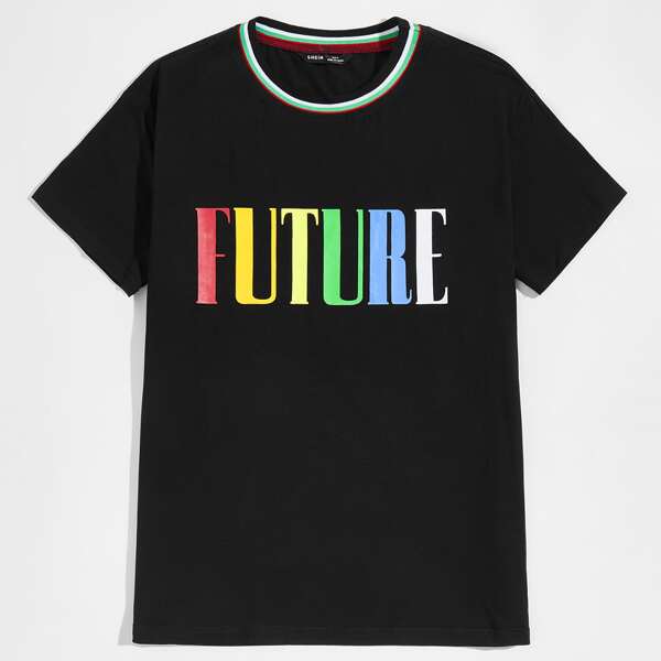 Men Contrast Neck Letter Graphic Tee, Black