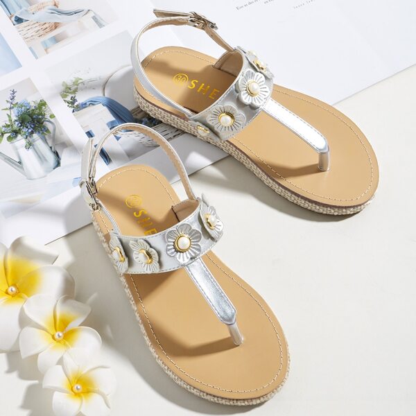 Toddler Girls Flower Decor Thong Sandals, Silver