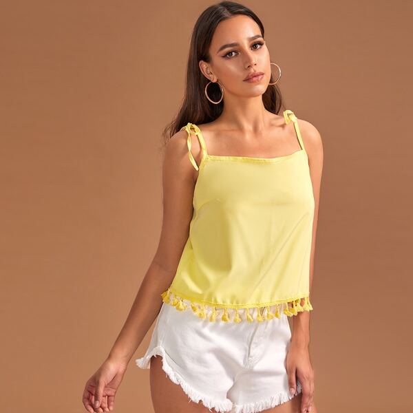 Tassel Hem Knotted Cami Top, Yellow