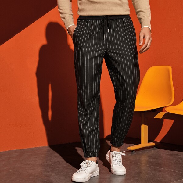 Men Striped Drawstring Waist Pants, Black