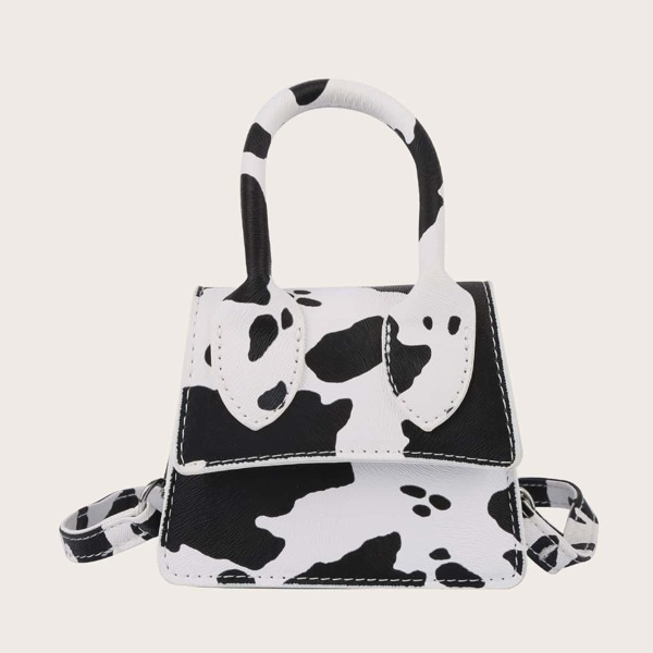 Mini Cow Pattern Flap Satchel Bag, White