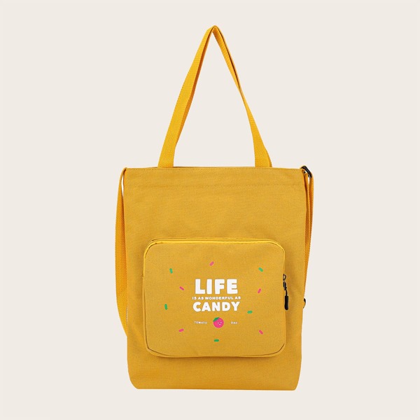 Girls Letter Graphic Tote Bag, Yellow