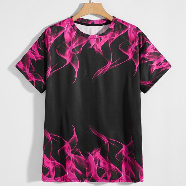 Men Fire Print Round Neck Tee, Black