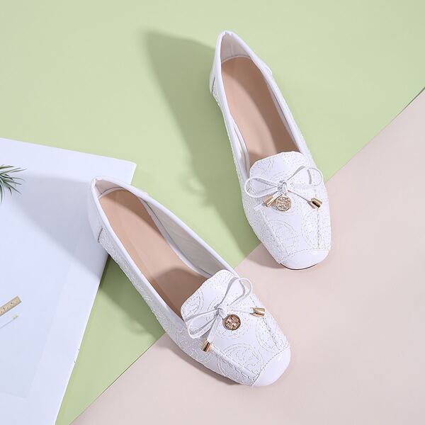Bow Decor Flat Loafers, White