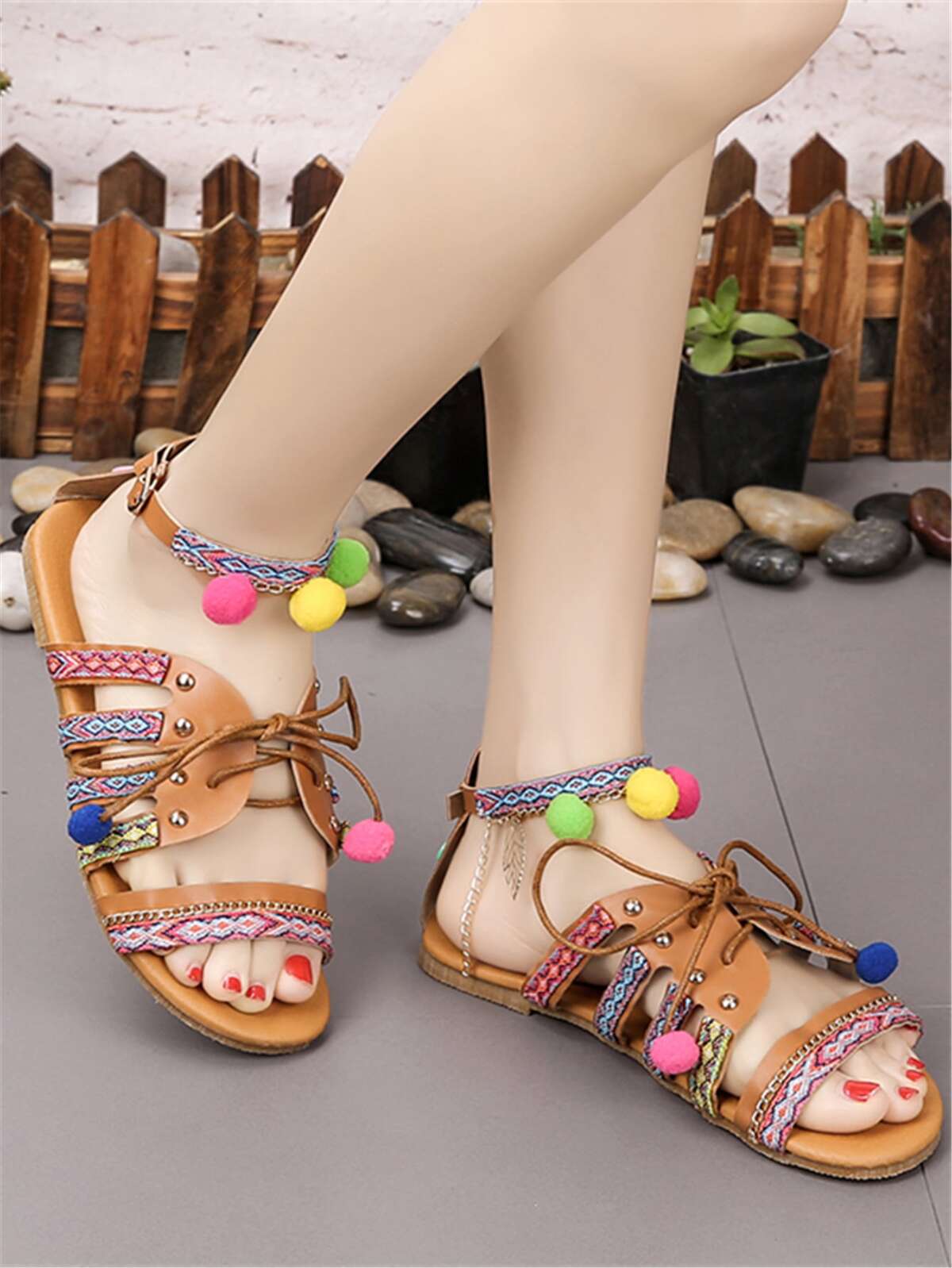 Tribal Pom Pom Lace-up Sandals