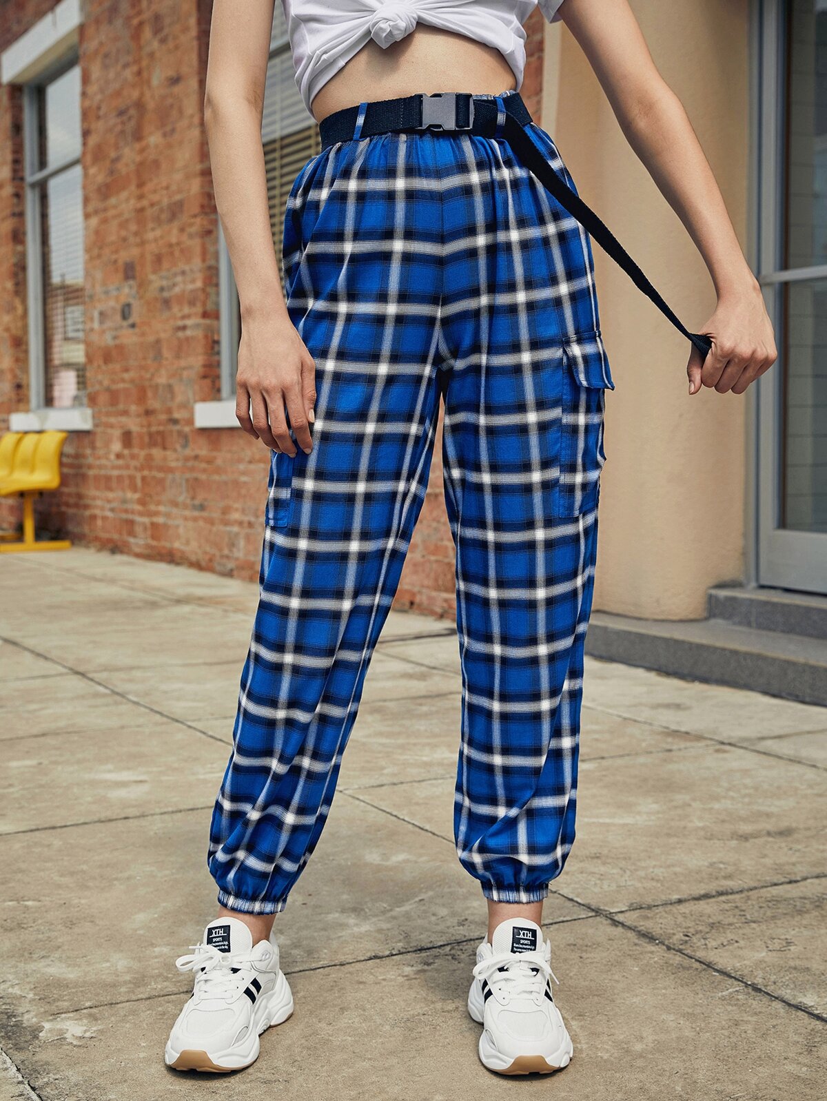 Flap Pocket Buckle Belted Plaid Pants