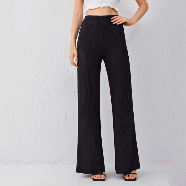 High Waist Solid Rib-knit Pants, Black