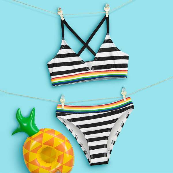 Girls Striped Criss Cross Bikini Swimsuit, Black and white