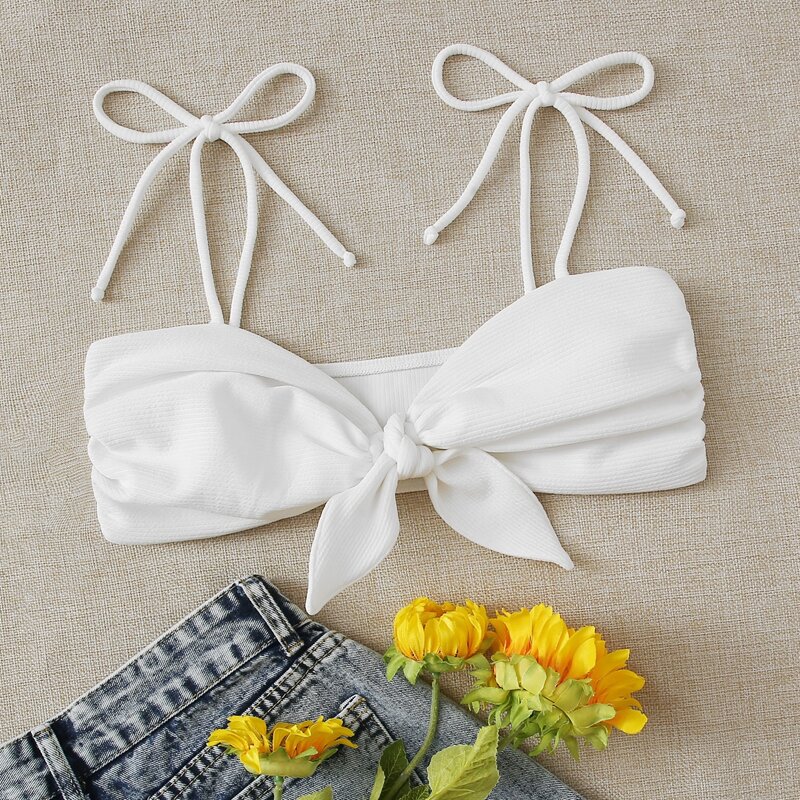 Knot Front Tie Strap Bikini Top, White 
Knot Front Tie Strap Bikini Top, White