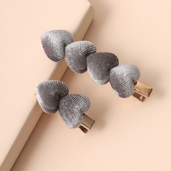 2pcs Heart Decor Hair Clip, Grey