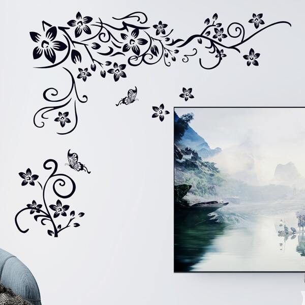Flower Vine Print Wall Sticker, Black