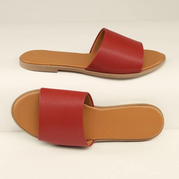 Wide Band Flat Slide Sandals, Red