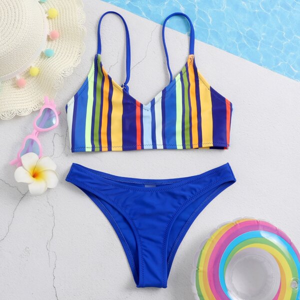Girls Striped Bikini Swimsuit, Multicolor
