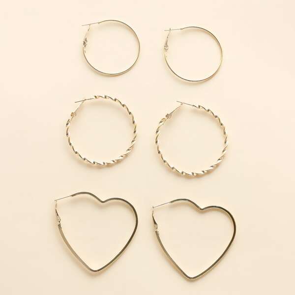 3pairs Heart Shaped Hoop Earrings, Gold