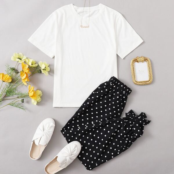 Solid Round Neck Tee & Polka Dot Pants, Black and white