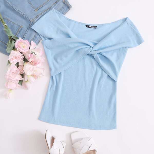 Solid Twist Rib-knit Top, Blue pastel