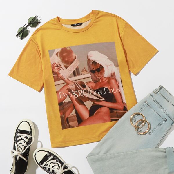 Graphic Print Tee, Mustard yellow