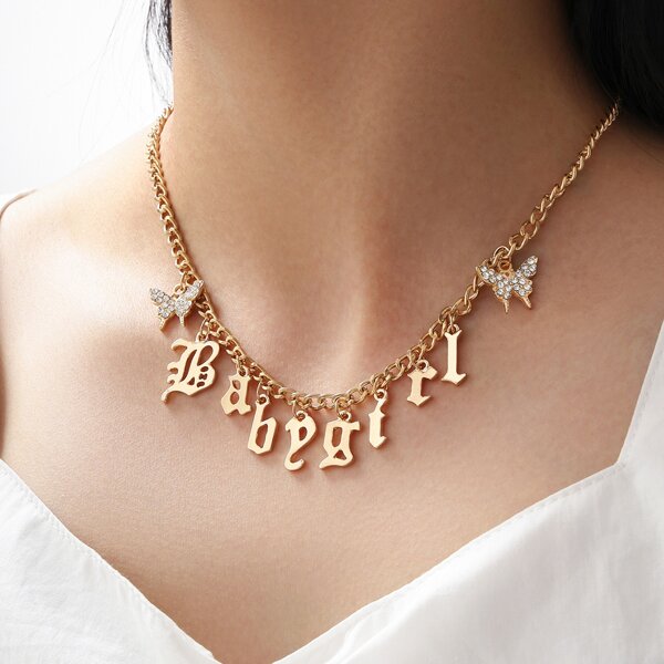 Rhinestone Letter Charm Necklace, Gold