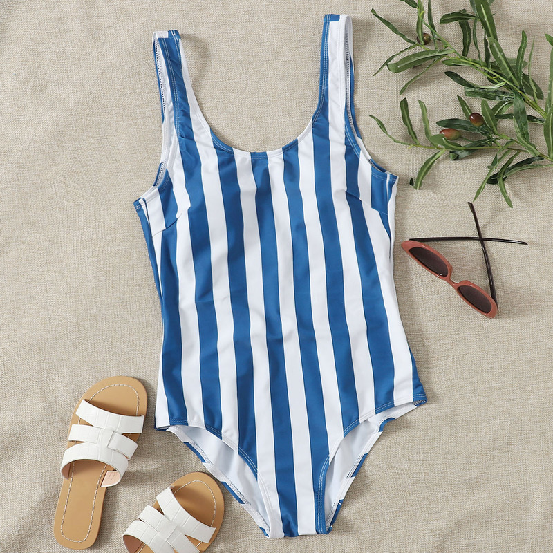 Striped One Piece Swimsuit, Blue and white 
Striped One Piece Swimsuit, Blue and white