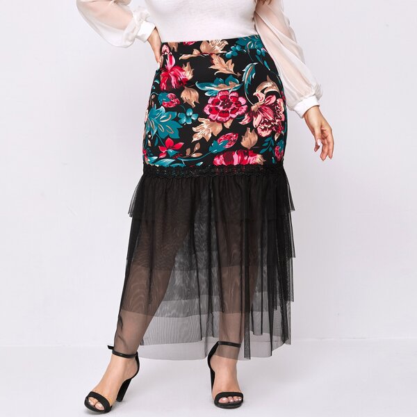 Plus Floral Print Layered Mesh Mermaid Skirt, Black