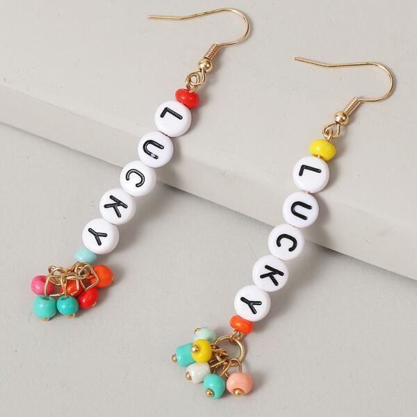 Letter Beaded Chain Drop Earrings, Multicolor