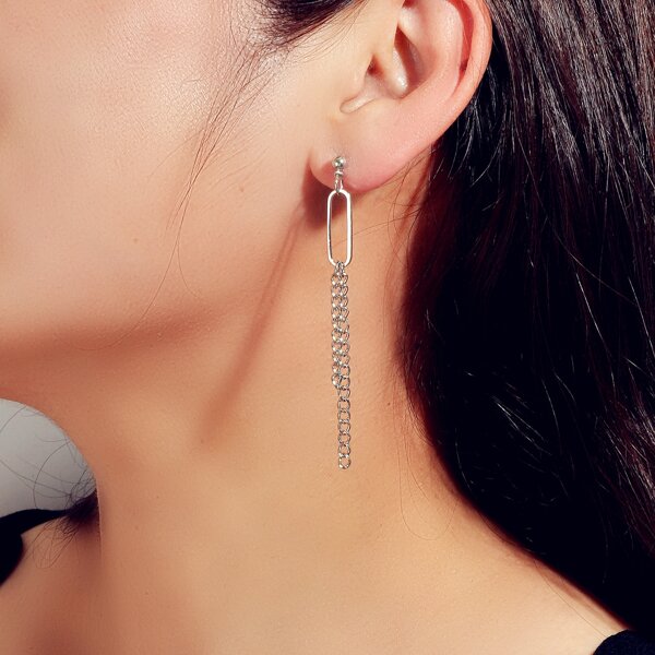 Mismatched Chain Drop Earrings, Silver
