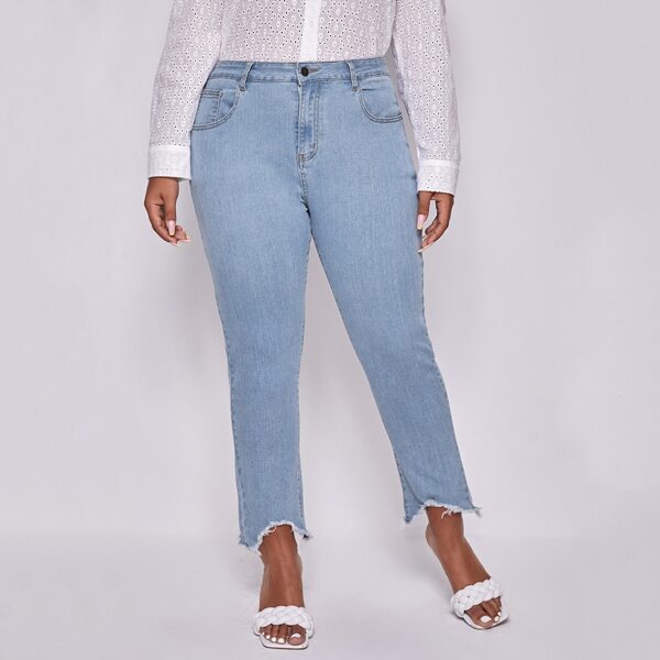 Plus Light Wash Raw Hem Jeans