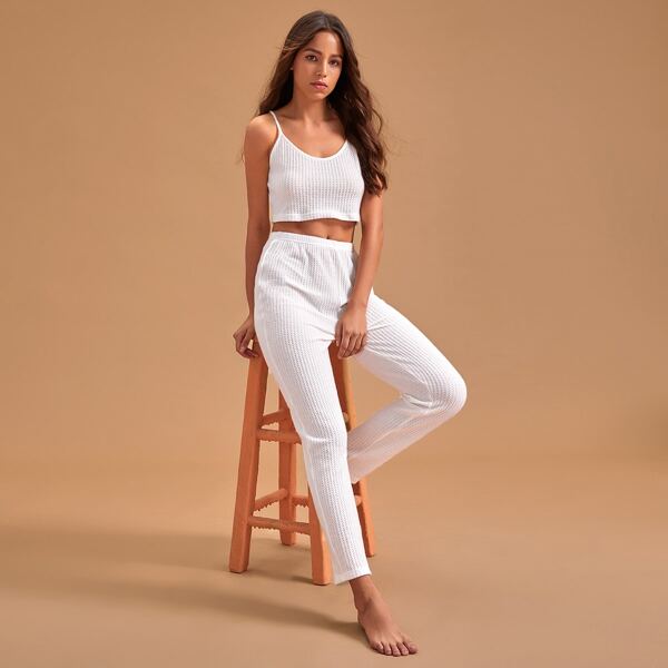 Solid Crop Cami Top & Pants PJ Set, White
