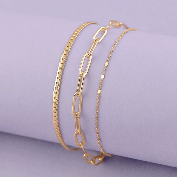 Set Of Three Flat And Oval Link Bracelets, Gold
