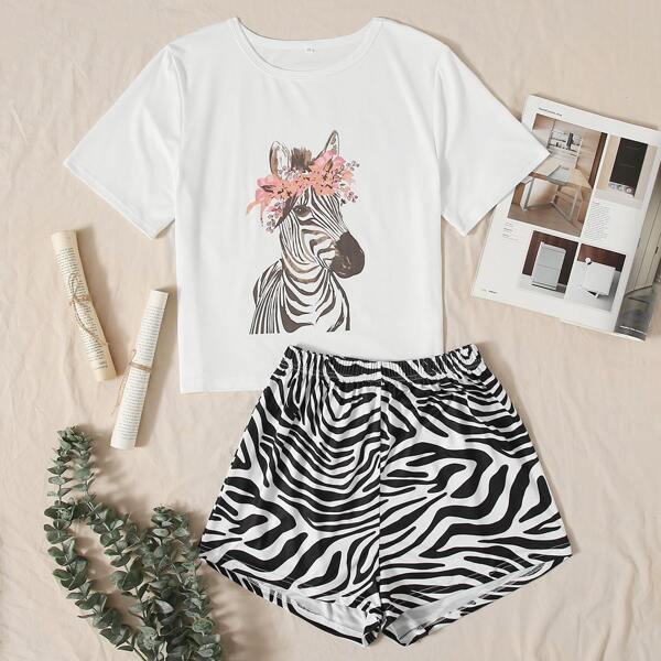 Zebra & Floral Print PJ Set, Black and white