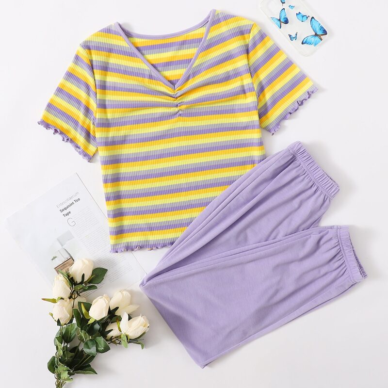 Lettuce Trim Stripe Tee PJ Set, Multicolor 
Lettuce Trim Stripe Tee PJ Set, Multicolor