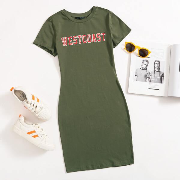 Letter Graphic Bodycon Dress, Army green