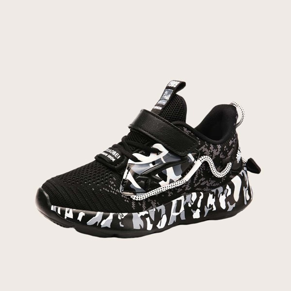 Boys Camo Graphic Velcro Strap Knit Sneakers, Black