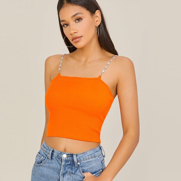 Neon Orange Rhinestone Strap Cami Top, Orange neon