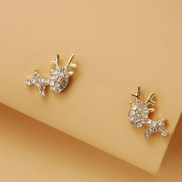 Rhinestone Decor Deer Stud Earrings, Gold