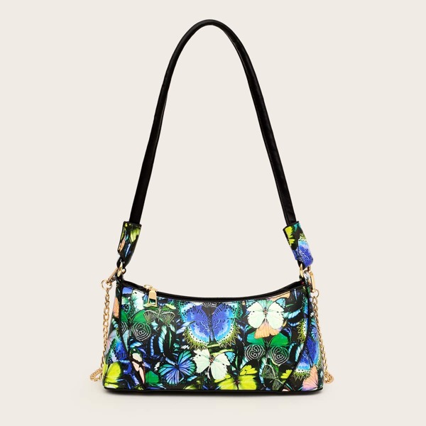 Butterfly Print Baguette Bag, Multicolor