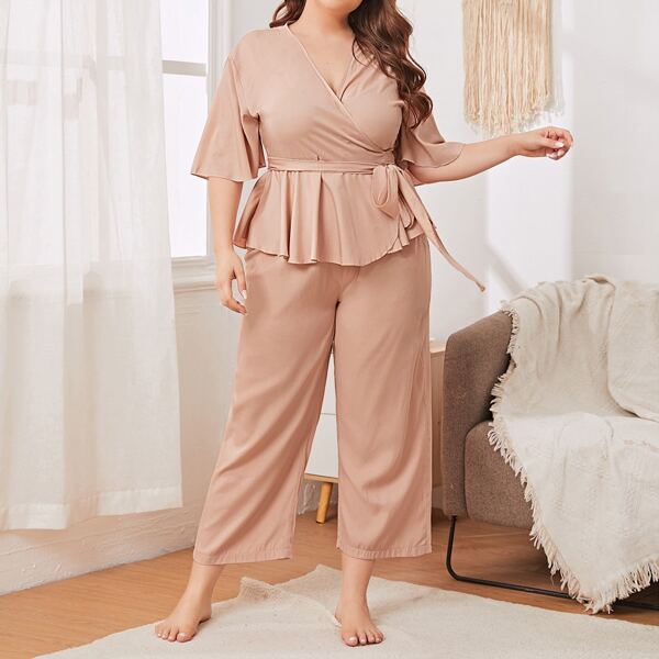 Plus Butterfly Sleeve Self Tie Wrap Pajama Set, Baby pink