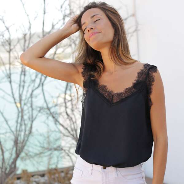 Contrast Eyelash Lace Tank Top, Black