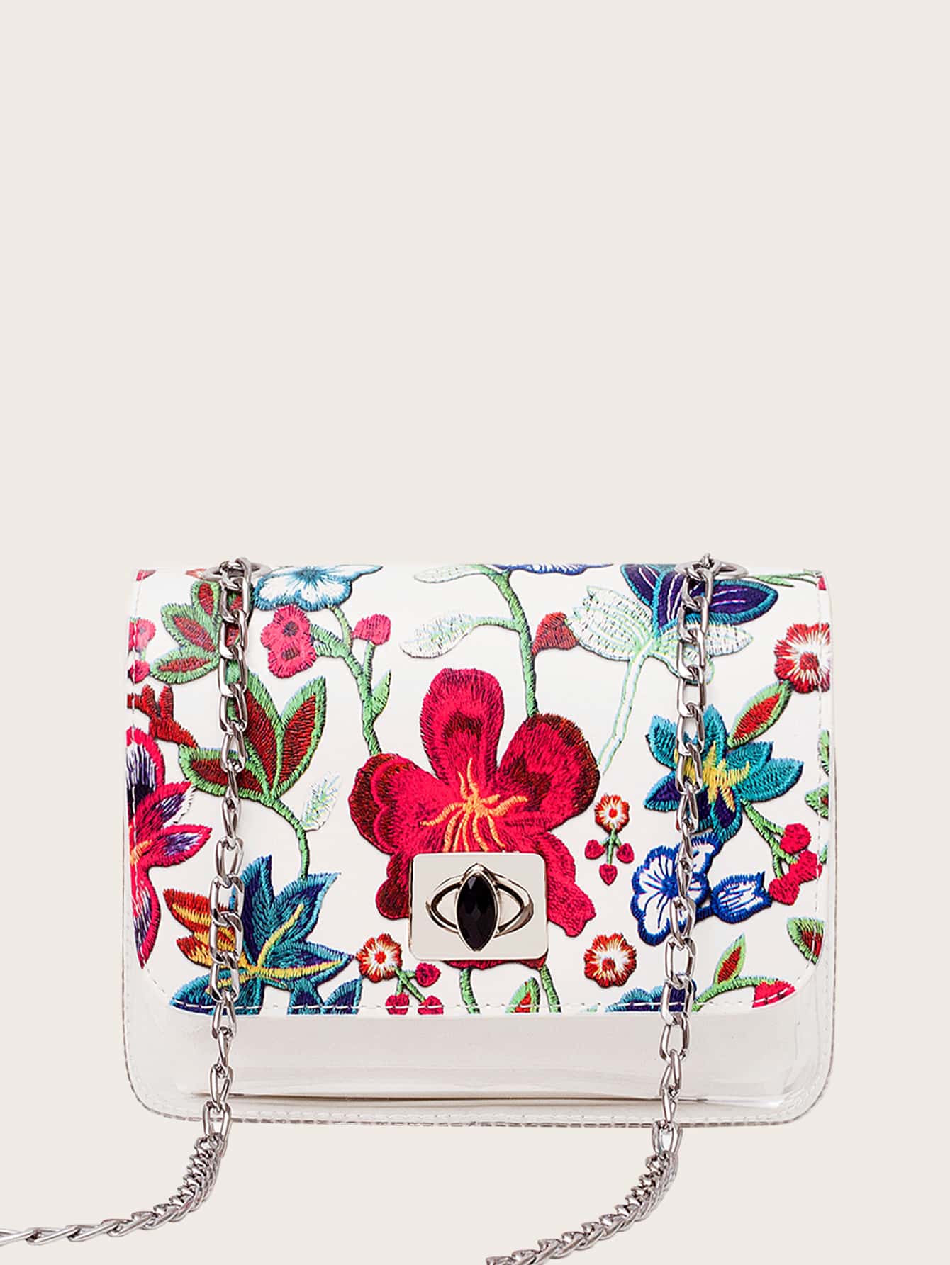 Floral Embroidery Clear Crossbody Bag With Inner Bag