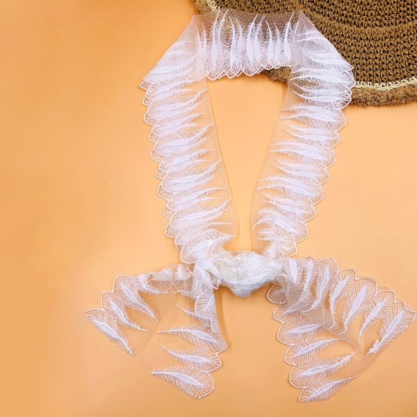 Feather Embroidered Scarf, White