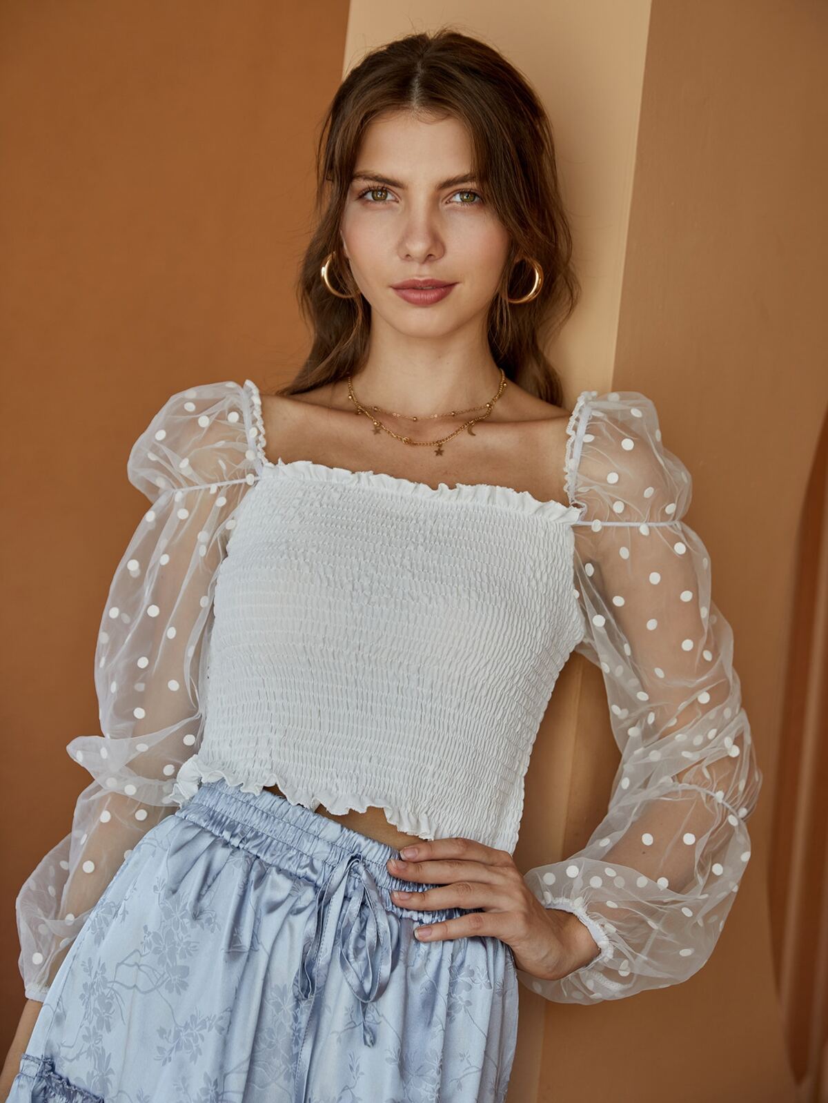 Polka Dot Shirred Crop Top