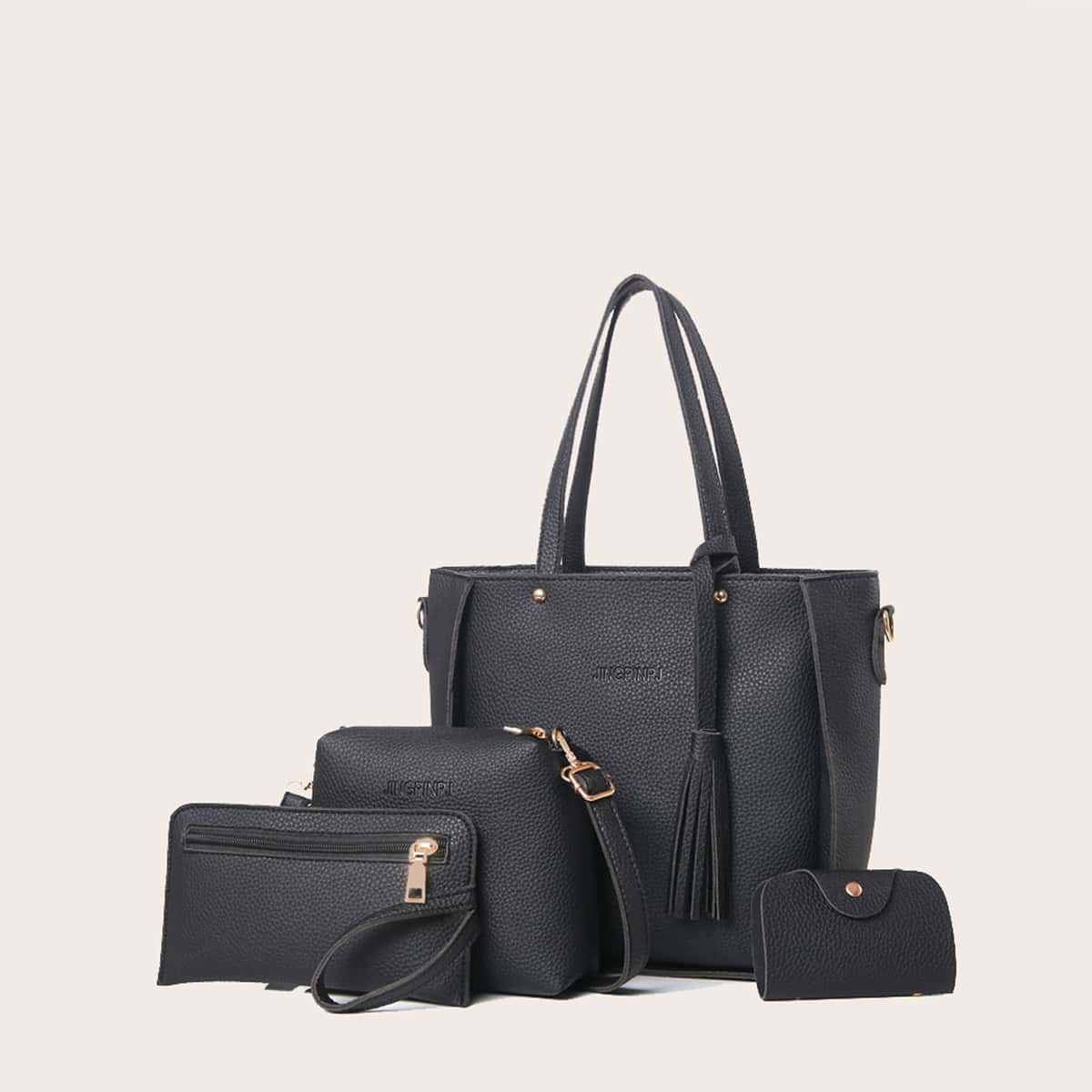 4pcs Solid Tassel Bag Set, Black 
4pcs Solid Tassel Bag Set, Black