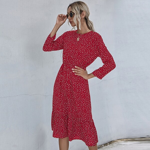 Ruffle Hem Polka Dot A-line Dress, Red