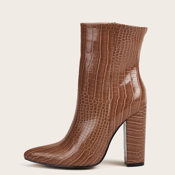 Croc Embossed Chunky Heeled Boots, Brown