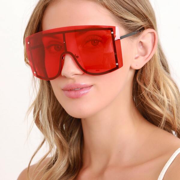 Oversized Wrap Shield Ski Goggle Style Sunglasses, Red