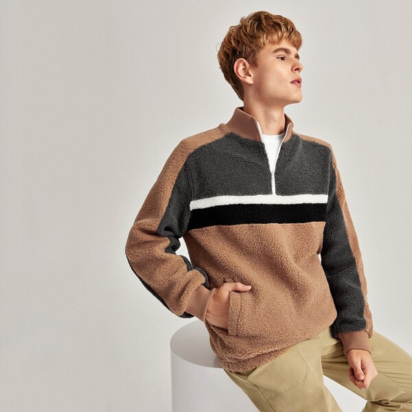 Мужской контрастный плюшевый пуловер на молнии, Многоцветный 
Мужской контрастный плюшевый пуловер на молнии, Многоцветный