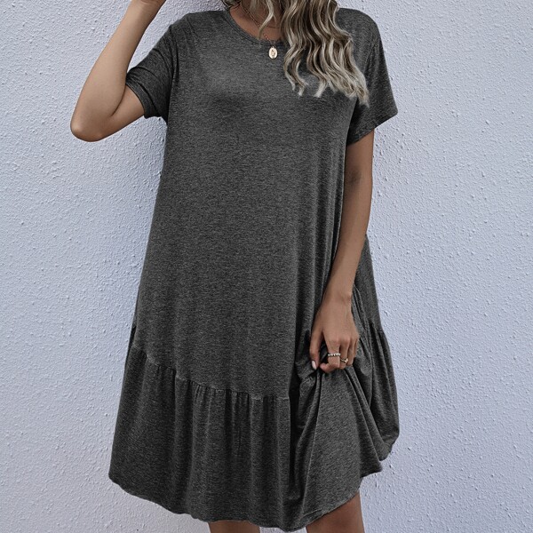 Ruffle Hem Solid Smock Dress, Dark grey